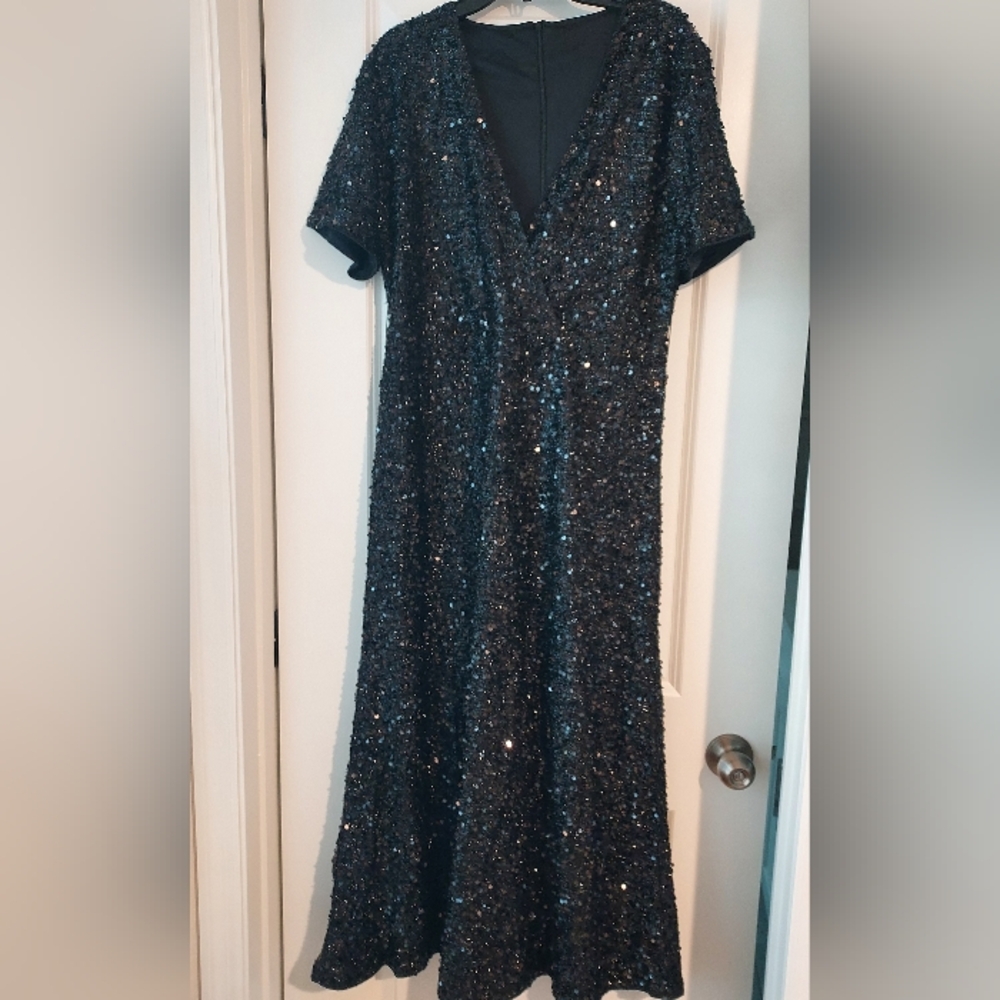 Black Sequin Maxi Dress Gown Large V Neck Whimsigoth Vampira Fairy Wicked Witch